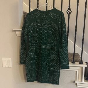 Chic Long Sleeve Green Studded Dress